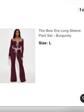 Fashion Nova Burgundy Bow Accent 2-Piece Pant Set L Crop Stretch Flared